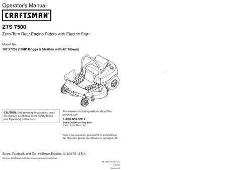Product picture CRAFTSMAN  ZTS 7500 Zero-Turn Rear Engine Riders.......