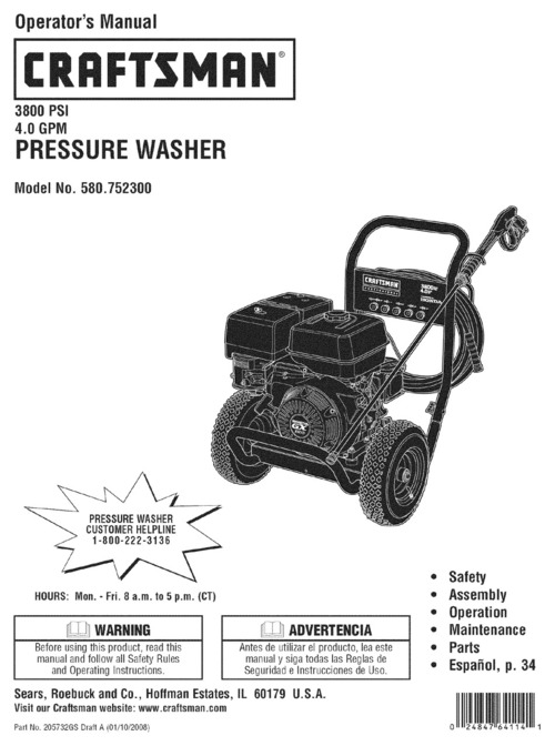 Product picture Craftsman 580.7523 Operators ManuaL