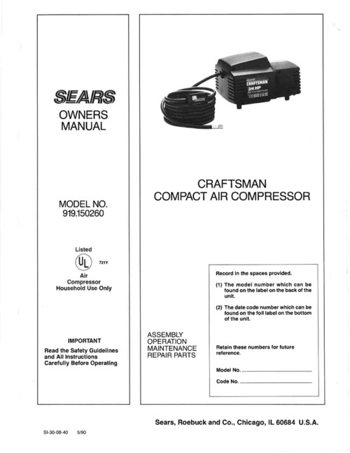 Product picture Sears Craftsman 919.150260 Owners Manual