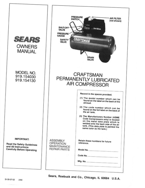 Product picture Sears Craftsman 919.154030 Owners Manual
