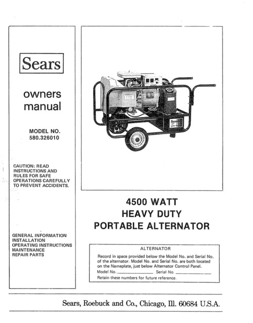Product picture Sears owners manual MODEL NO. 580.326010
